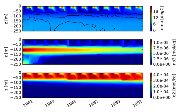 Simulated temperature, salinity contours and examplary ERGOM state variables in the Central Baltic Sea.